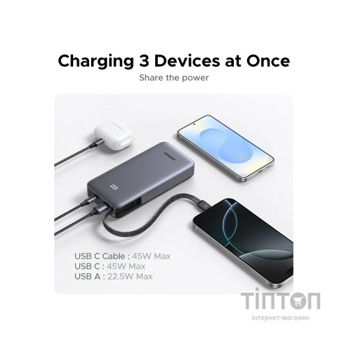 Батарея універсальна Ugreen 20000mAh 45W with Built-in Cable (PB536 55988B)