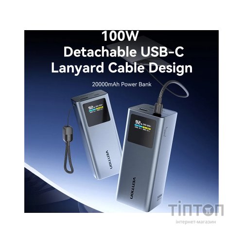 Батарея універсальна Vention 20000 mAh 100W Gray TFT Display Type (FKCH0)
