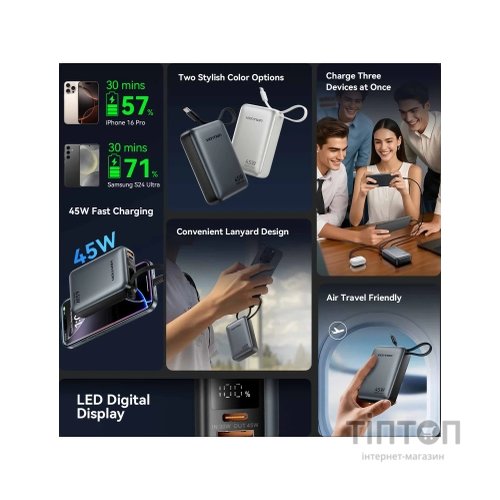 Батарея універсальна Vention 20000 mAh 45W Mini with Built-in USB-C Cable Gray (FHGH0)