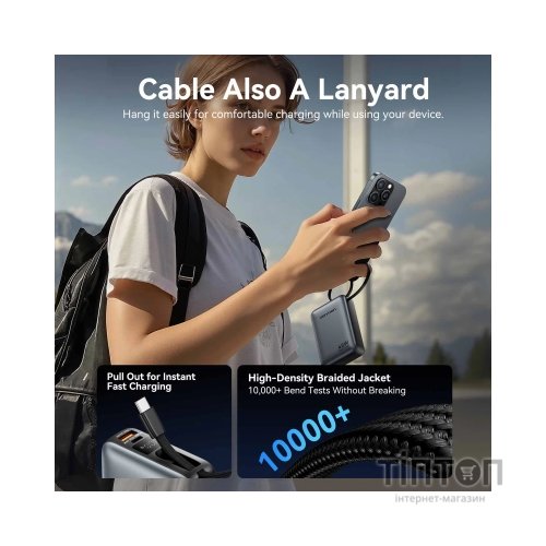 Батарея універсальна Vention 20000 mAh 45W Mini with Built-in USB-C Cable Gray (FHGH0)