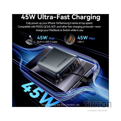 Батарея універсальна Vention 20000 mAh 45W Mini with Built-in USB-C Cable Gray (FHGH0)