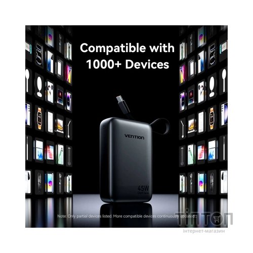 Батарея універсальна Vention 20000 mAh 45W Mini with Built-in USB-C Cable Gray (FHGH0)
