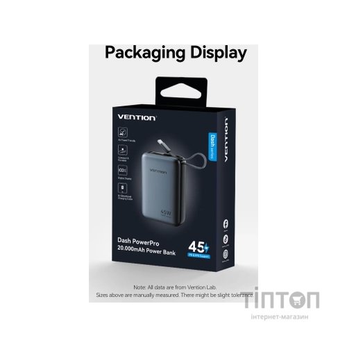 Батарея універсальна Vention 20000 mAh 45W Mini with Built-in USB-C Cable Gray (FHGH0)