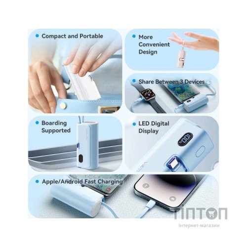 Батарея універсальна Vention 4800mAh 22,5W PD, USB-C In/Out, LED display, with built-in USB-C cable Blue (FHQL0)