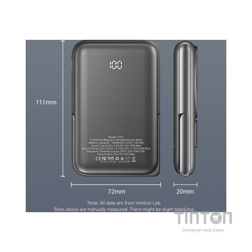 Батарея універсальна Vention Magnetic Wireless 10000mAh 20W PD USB-C In/Out, QI-15W Black (FHNB0)