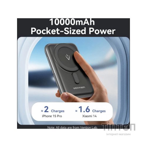 Батарея універсальна Vention Magnetic Wireless 10000mAh 20W PD USB-C In/Out, QI-15W Black (FHNB0)