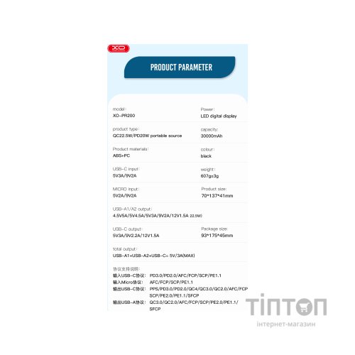 Батарея універсальна XO 30000mAh, PD/20W, QC/22.5W, black (PR200_Black)