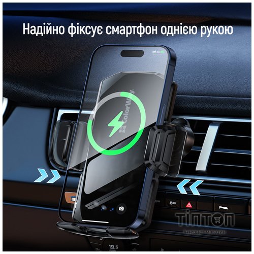 Універсальний автотримач ColorWay FlameGrip, автозажим, Wireless Charger 15W Black (CW-CHAW070Q-BK)