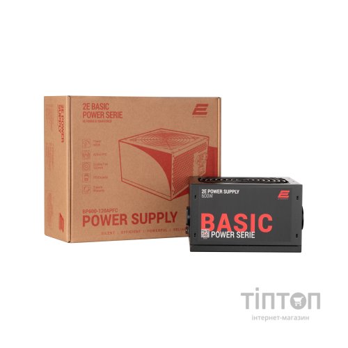Блок живлення 2E BASIC POWER (600W), 80, 120mm, 1xMB 24pin(20+4), 1xCPU 8pin(4+4), 3xMolex, 4xSATA, 2xPCIe 8pin( (2E-BP600-120APFC)