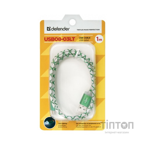 Дата кабель Defender USB08-03LT USB - Micro USB, GreenLED backlight, 1m (87557)