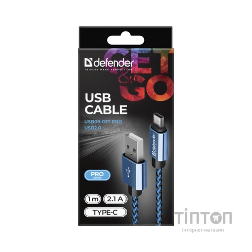 Дата кабель USB 2.0 AM to Lightning 1.0m ACH01-03T 2.1A blue Defender (87811)