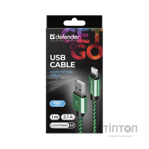 Дата кабель USB 2.0 AM to Lightning 1.0m ACH01-03T 2.1A green Defender (87810)