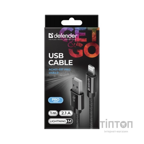 Дата кабель USB 2.0 AM to Lightning 1.0m ACH01-03T PRO Black Defender (87808)