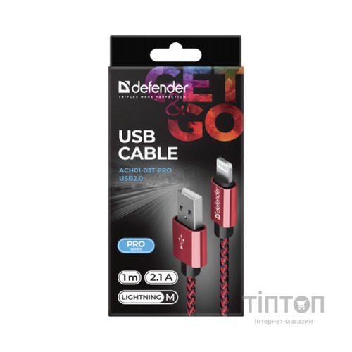 Дата кабель USB 2.0 AM to Lightning 1.0m ACH01-03T PRO Red Defender (87807)