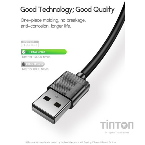 Дата кабель USB 2.0 AM to Micro 5P 0.3m Nets T-M801 Black T-Phox (T-M801 Black)