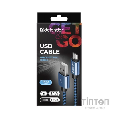 Дата кабель USB 2.0 AM to Micro 5P 1.0m USB08-03T blue Defender (87805)