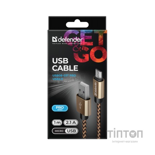 Дата кабель USB 2.0 AM to Micro 5P 1.0m USB08-03T gold Defender (87800)