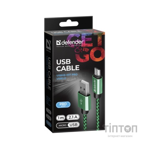 Дата кабель USB 2.0 AM to Micro 5P 1.0m USB08-03T green Defender (87804)