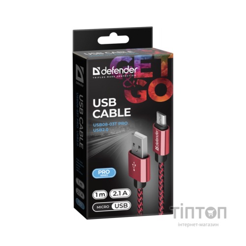 Дата кабель USB 2.0 AM to Micro 5P 1.0m USB08-03T red Defender (87801)