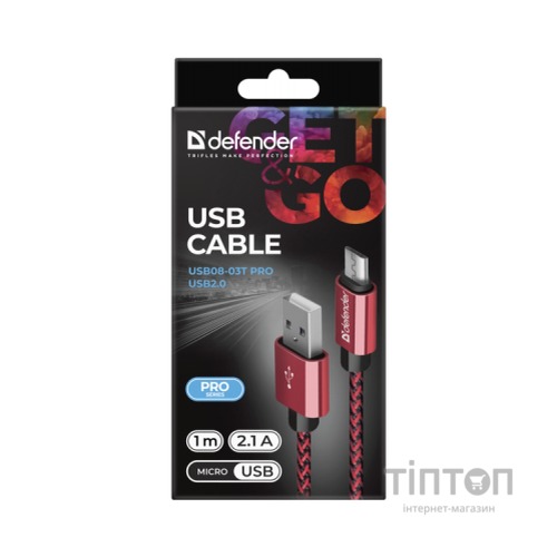 Дата кабель USB 2.0 AM to Micro 5P 1.0m USB08-03T red Defender (87801)