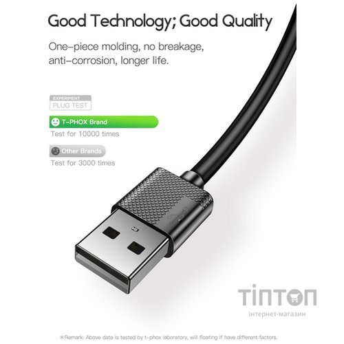 Дата кабель USB 2.0 AM to Type-C 0.3m Nets T-C801 Black T-Phox (T-C801(0.3) Black)