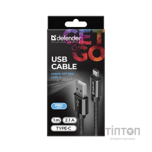 Дата кабель USB 2.0 AM to Type-C 1.0m USB09-03T PRO Black Defender (87814)