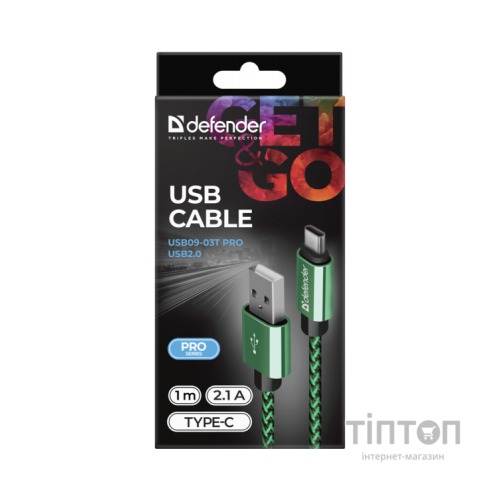 Дата кабель USB 2.0 AM to Type-C 1.0m USB09-03T PRO green Defender (87816)