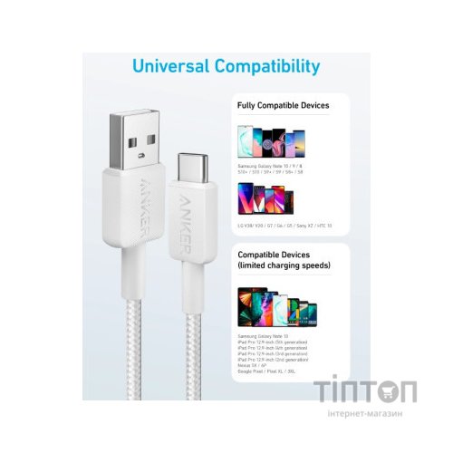 Дата кабель USB 2.0 AM to Type-C 1.8m 322 White Anker (A81H6H21)