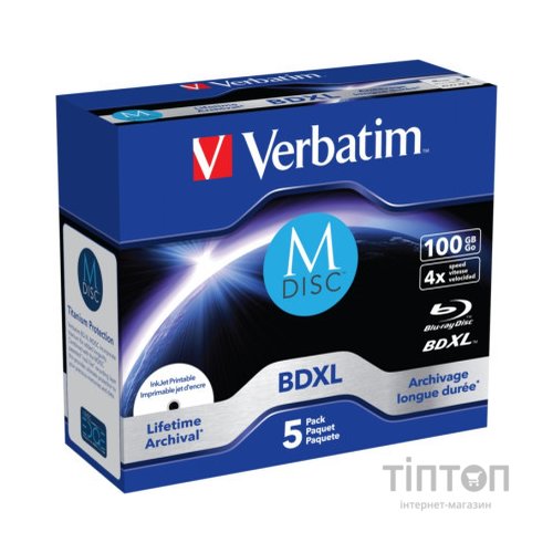 Диск BD Verbatim DL 100GB 4x Lifetime archival M-Disc 5шт Jewel (43834)