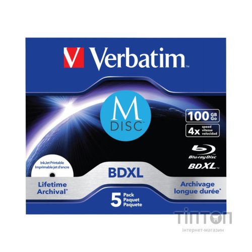 Диск BD Verbatim DL 100GB 4x Lifetime archival M-Disc 5шт Jewel (43834)