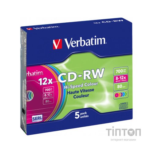 Диск CD-RW Verbatim 700Mb 12X SlimBox (5шт в упаковці)
