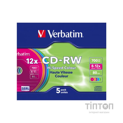 Диск CD-RW Verbatim 700Mb 12X SlimBox (5шт в упаковці)