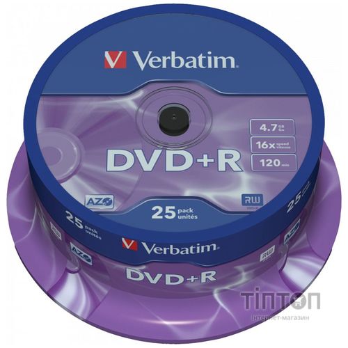 Диск DVD+R Verbatim 4.7Gb 16X CakeBox Silver (25шт в упаковці)