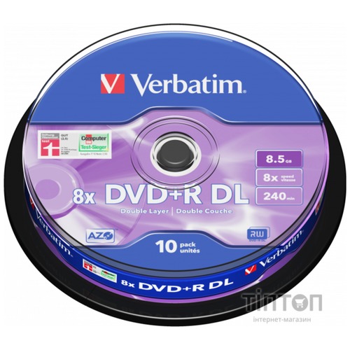 Диски DVD+R Verbatim 8x 8,5GB/240min Cake (10шт в упаковці)