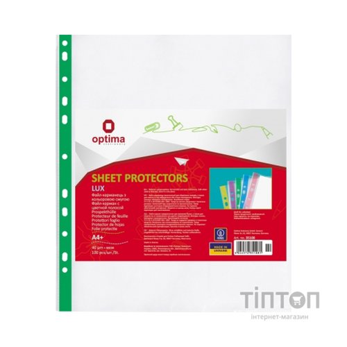 Файл Optima А4+ 40 мкм глянсових з зеленою стрічкою, 100 штук (O35108-04)
