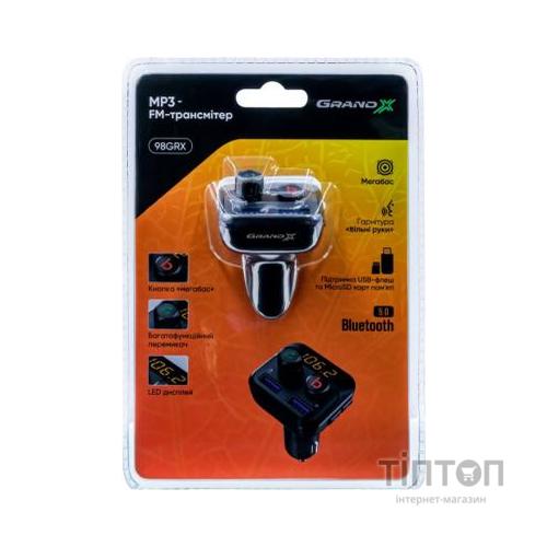 FM модулятор Grand-X 98GRX MegaBass, Bluetooth V5.0 MicroSD, 2USB , MegaBass, han (98GRX)