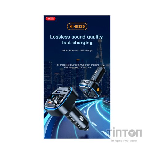 FM модулятор XO BCC08 автомобільний зарядний пристрій MP3/PD/2USB/3,1A Чорни (XO-BCC08)