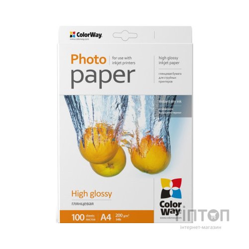Фотопапір ColorWay A4 200г glossy 100л картон-пак (PG200100A4)