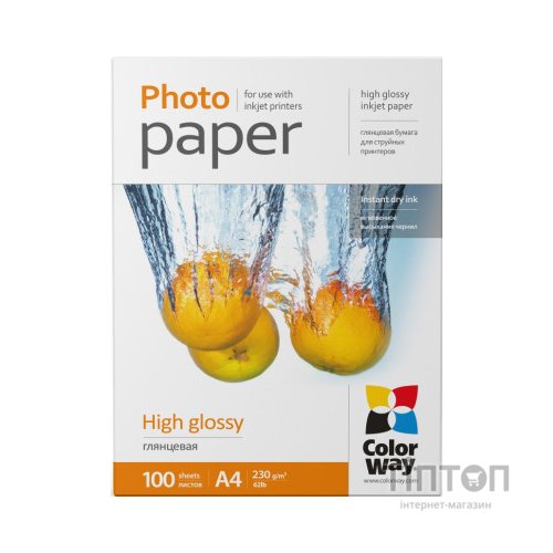 Фотопапір ColorWay глянцевий, А4, 230г/м2, 100 листків
