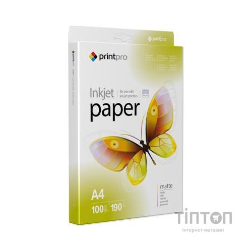 Фотопапір PrintPro матовий, A4, 190г/м2, 100 листків, двосторонній
