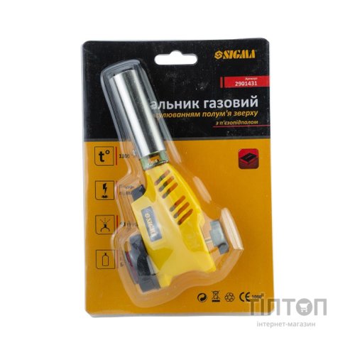 Газовий паяльник Sigma з регулюванням полум'я зверху і п'єзопідпалом 20мм 153мм (2901431)