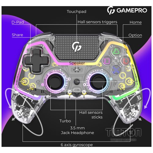 Геймпад GamePro GPS13T BT 5.3/USB/PC/iOS/Android/PS3/PS4 RGB Transparent (GPS13T)