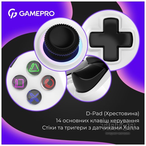 Геймпад GamePro GPS13W BT 5.3/USB/PC/iOS/Android/PS3/PS4 RGB White (GPS13W)