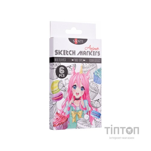 Художній маркер Santi набір двосторонніх sketch Anime 6 шт (390550)