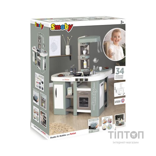 Ігровий набір Smoby Велика інтерактивна кухня Тефаль Студіо з ефектом кипіння 34 аксесуари М'ятно-сіра з білим (311053)