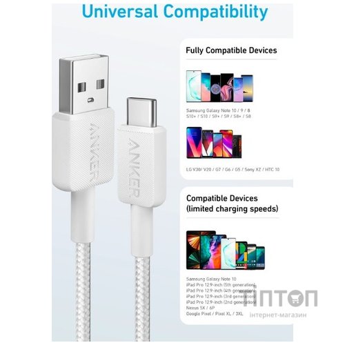 Кабель Anker 322 USB-A to USB-C - 0.9m Nylon White