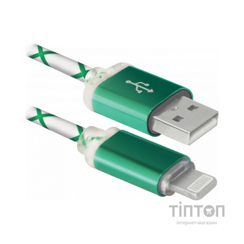 Кабель Defender ACH03-03LT USB - Lightning, GreenLED backlight, 1m (87553)