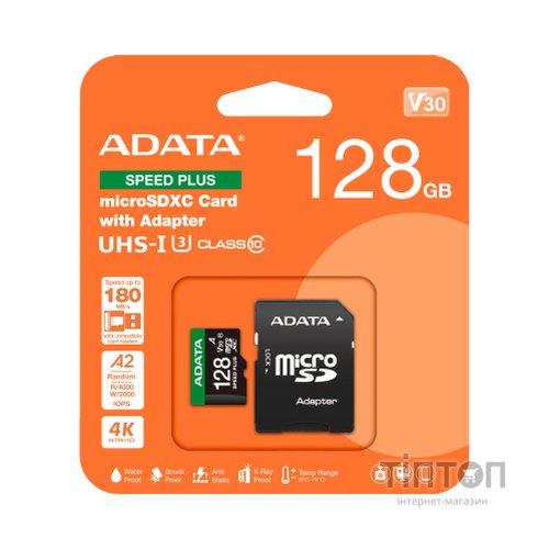 Карта пам'яті ADATA 128GB microSD class 10 UHS-I U3 V30 A2 Speed Plus (UD128GUI3V30A2SP-RA1)
