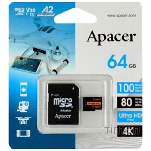 Карта пам'яті Apacer 64GB microSD class 10 UHS-I U3 (AP64GMCSX10U8-R)