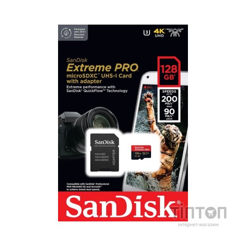 Карта пам'яті SanDisk 128 GB microSDXC UHS-I U3 Extreme Pro+SD Adapter (SDSQXCD-128G-GN6MA)